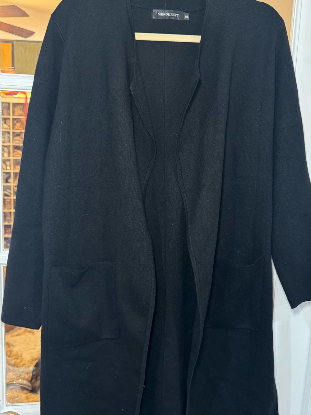Black Open-Front Long Cardigan with Patch Pockets Slits Cover up, sweater - Picture 7 of 12